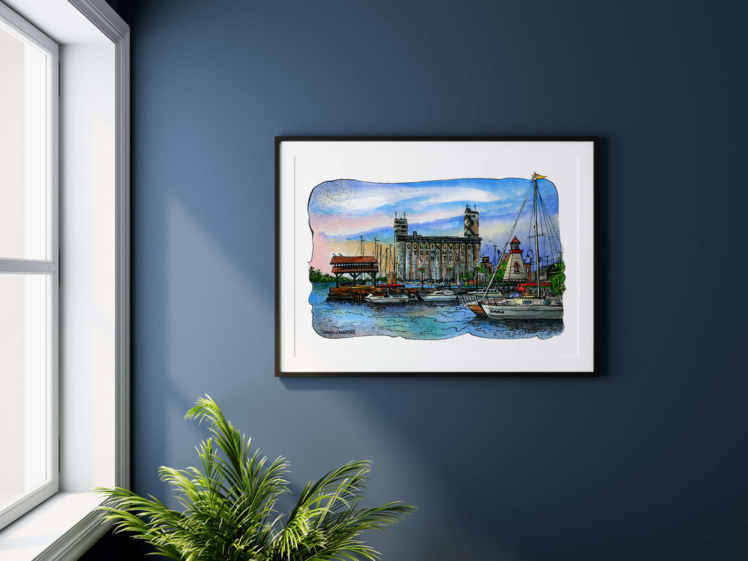 A beautiful painting of the harbour in Collingwood, Ontario Canada against a blue wall with a white window