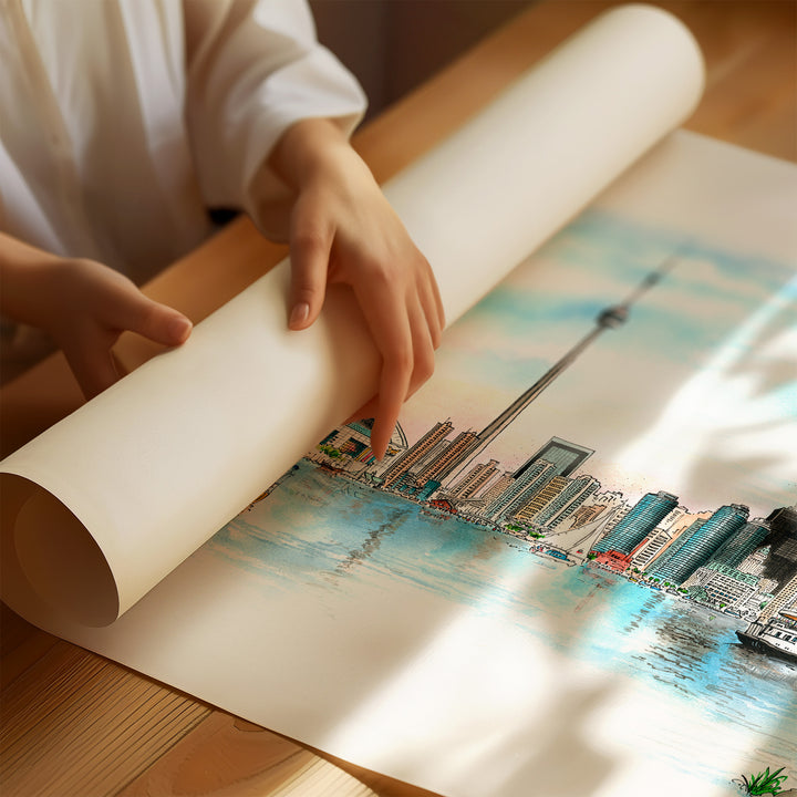 Toronto Skyline Art Print being unrolled for framing