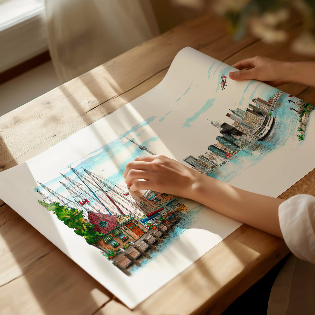 Toronto Skyline Art Print being opened up for viewing by a woman