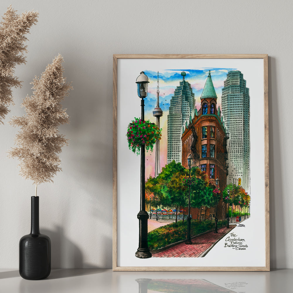 Flatiron Building in glass frame with black bottle 