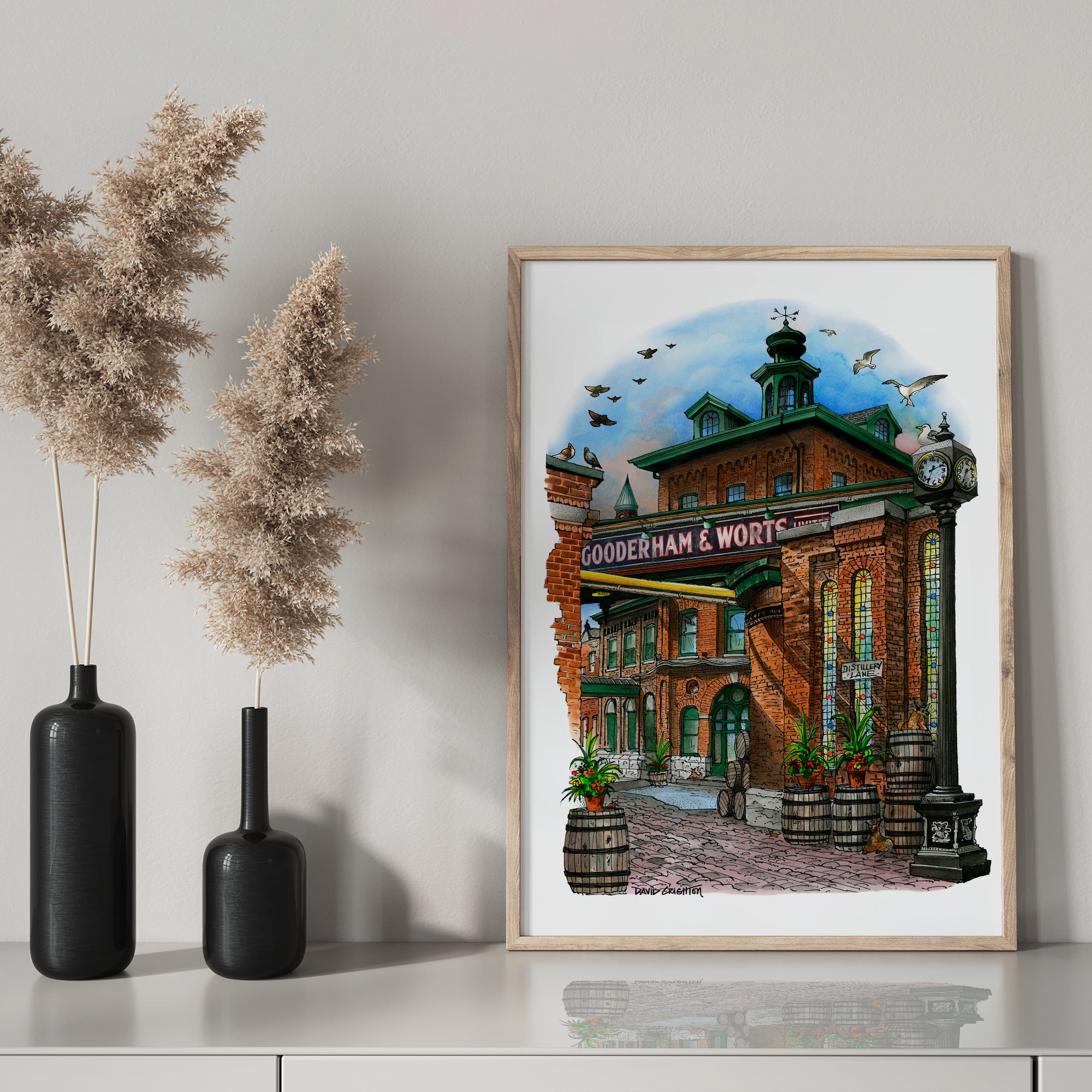 Framed Distillery District Poster on Mantelpiece with Pampas Grass in Vases