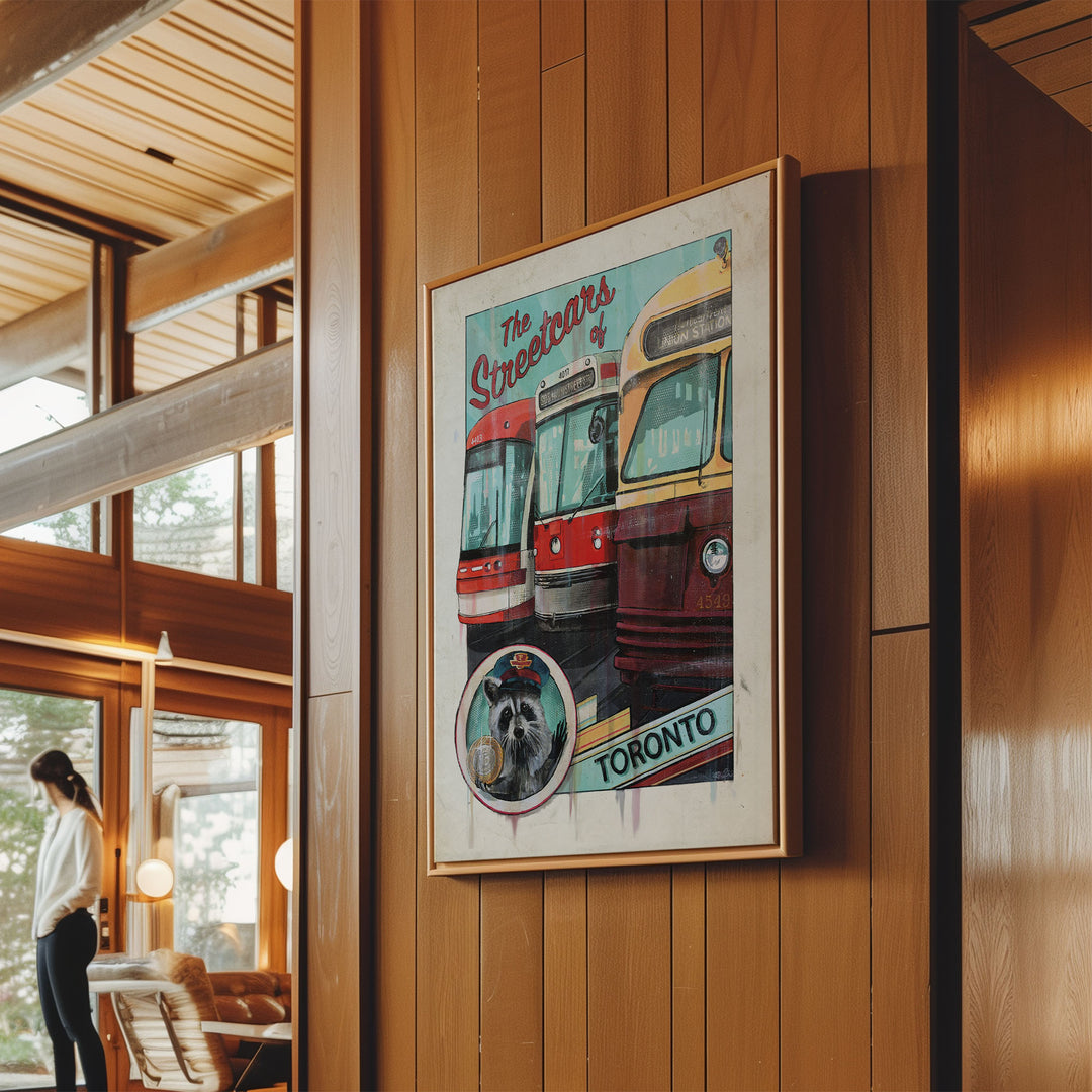 The Streetcars of Toronto Framed Canvas Poster with a Racoon in a wood paneled cottage.