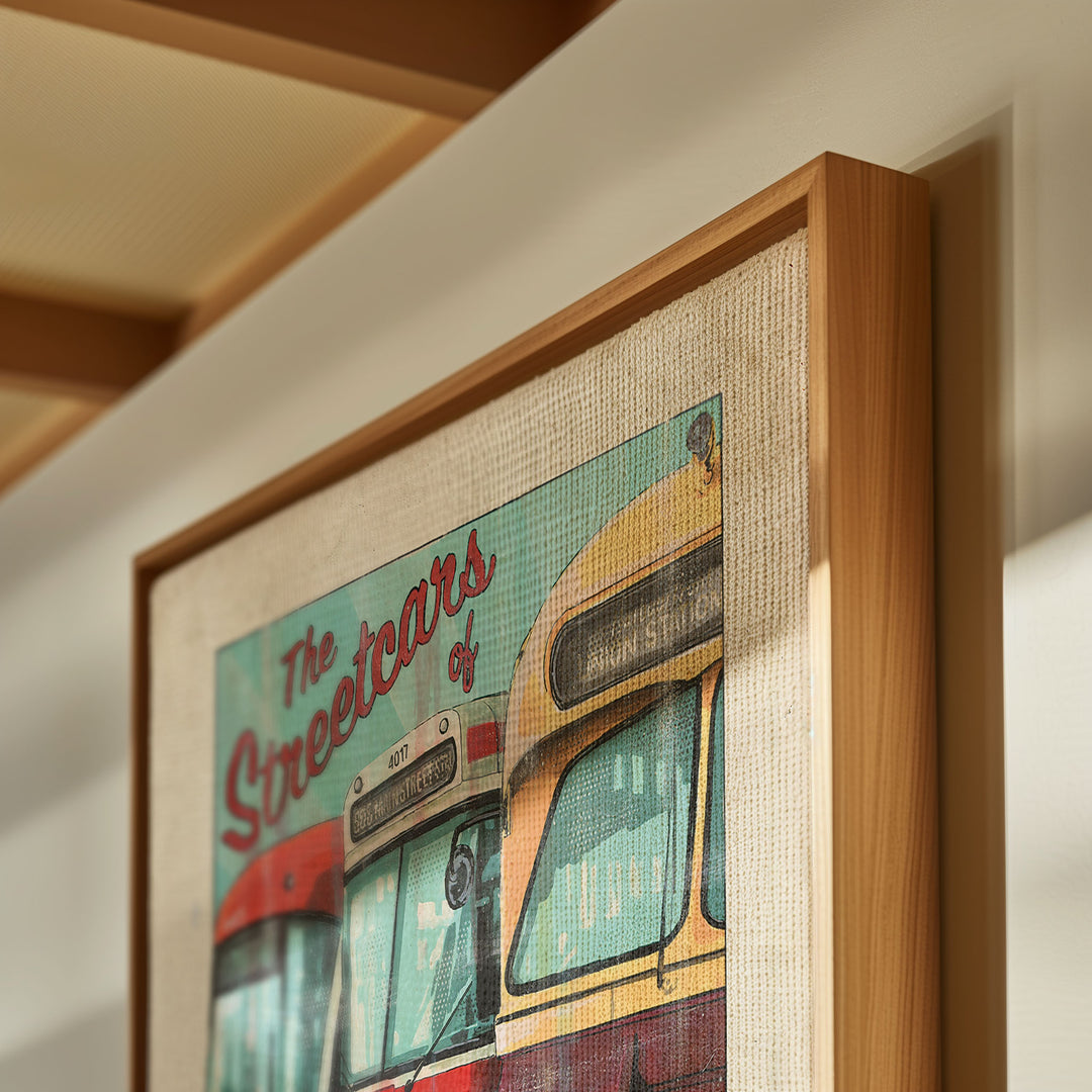 Close up of Racoon Streetcar Canvas Poster Print framed in Walnut