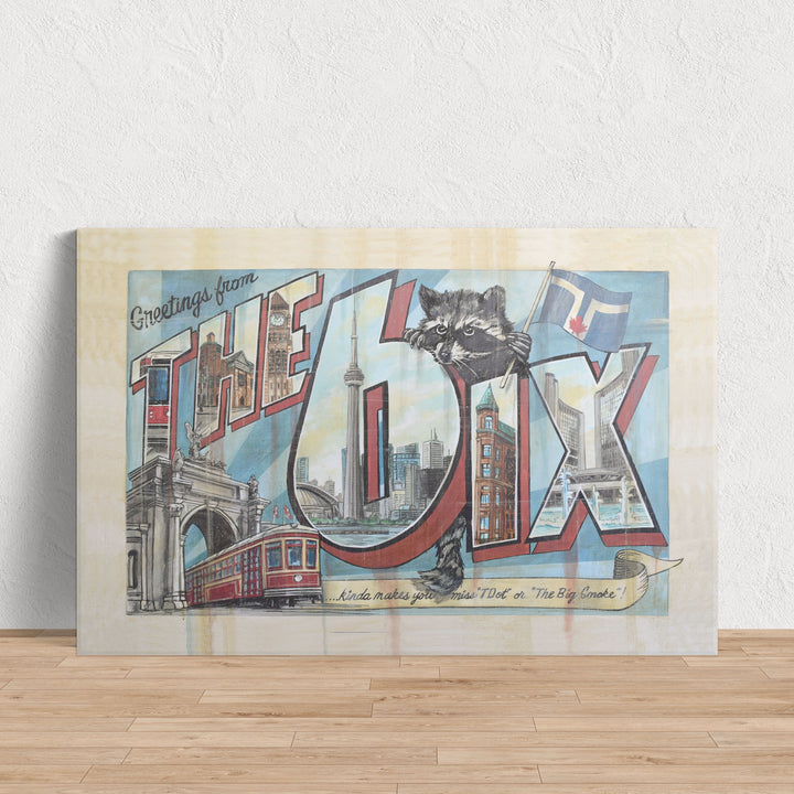 The 6ix Toronto Art Print Canvas Poster leaning against the wall