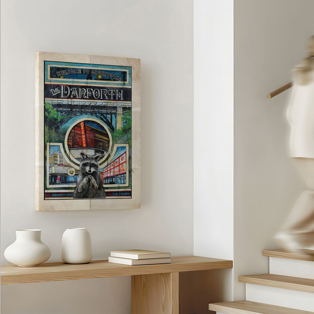 The Danforth Toronto Canvas Wrapped Art Print with Racoon in a hallway near the stairs