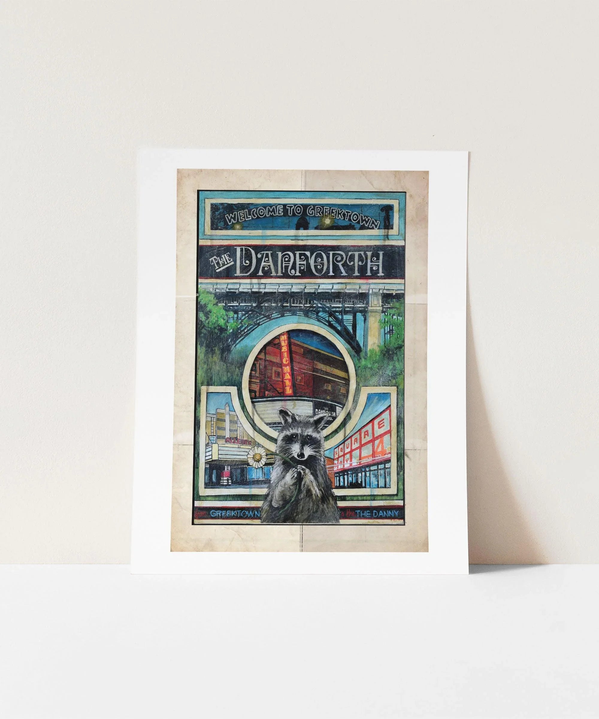 Danforth Greektown Toronto Poster Print with Racoon