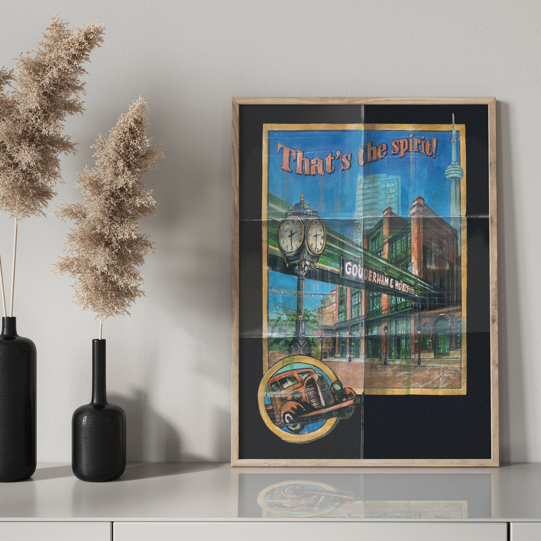 Distillery Poster by Rob Croxford in a wooden frame on a drawer with black mantel bottle