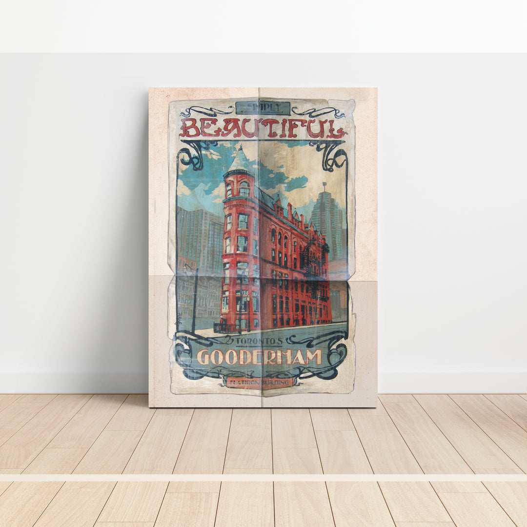 Flatiron Gooderham Building Toronto Canvas Wrapped Poster leaninag against a wall
