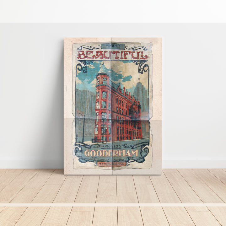 Flatiron Gooderham Building Toronto Canvas Wrapped Poster leaninag against a wall