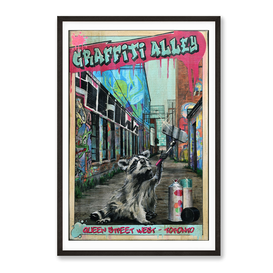 Graffiti Alley Toronto Art Print Poster with Racoon in Black Frame