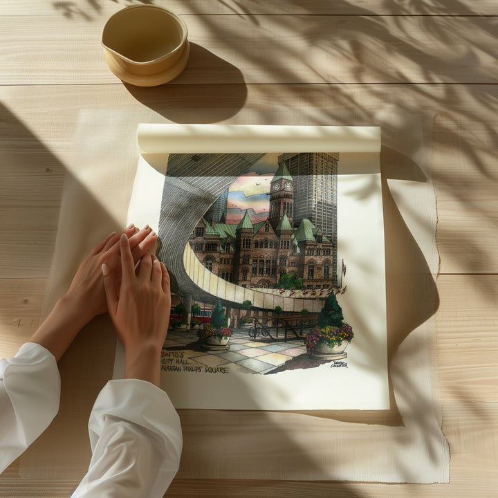 Beautiful illustration of Nathan Phillips Square from Toronto Art Shop on a wooden desk, dappled in sunlight. 