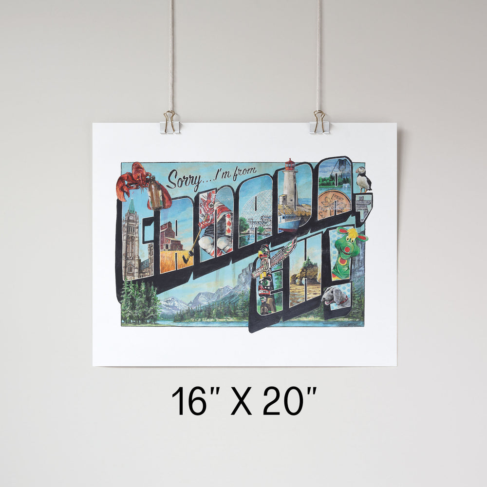 Canada Eh Poster that measures 16x20 hanging by clips