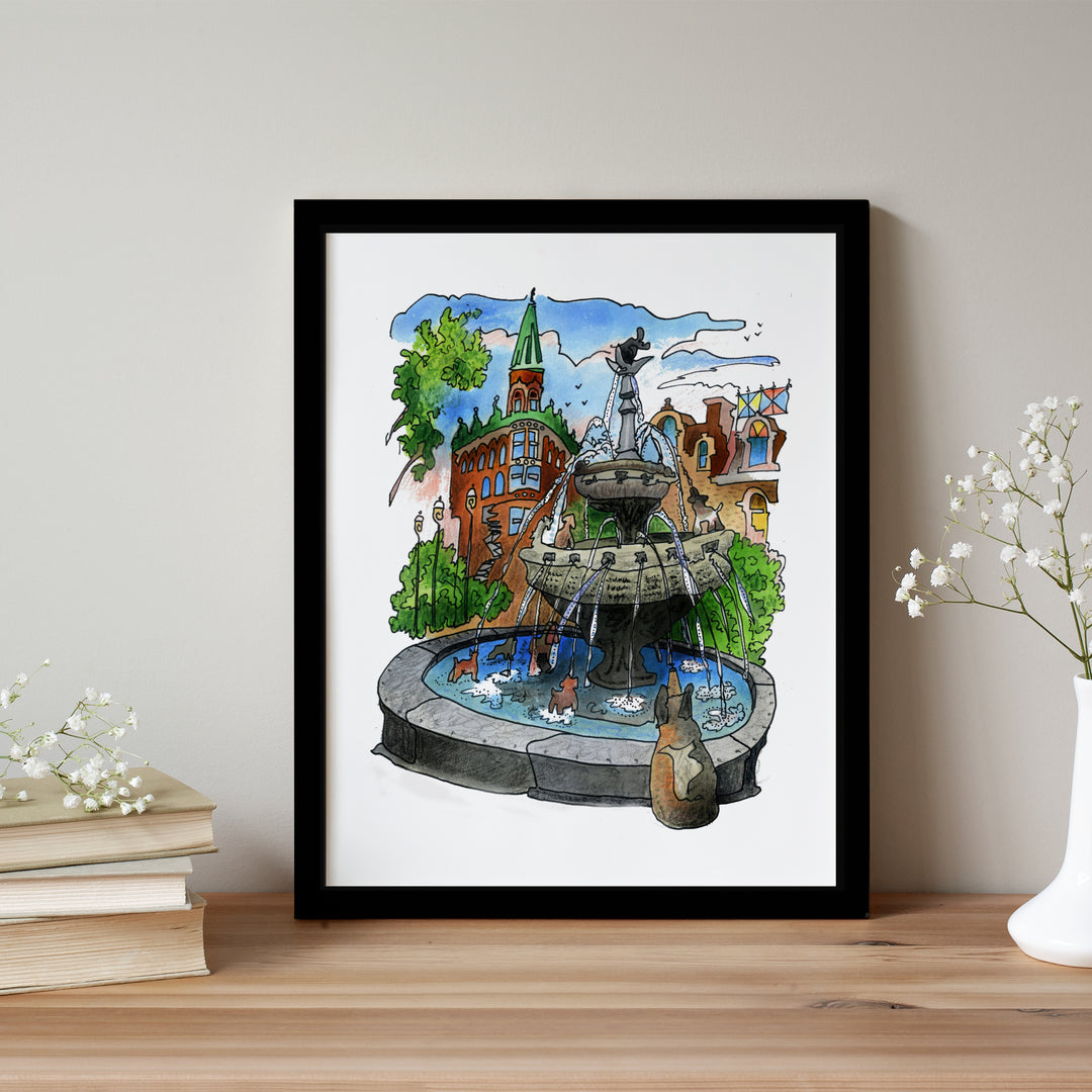 Berczy Fountain (Colour) glass framed poster