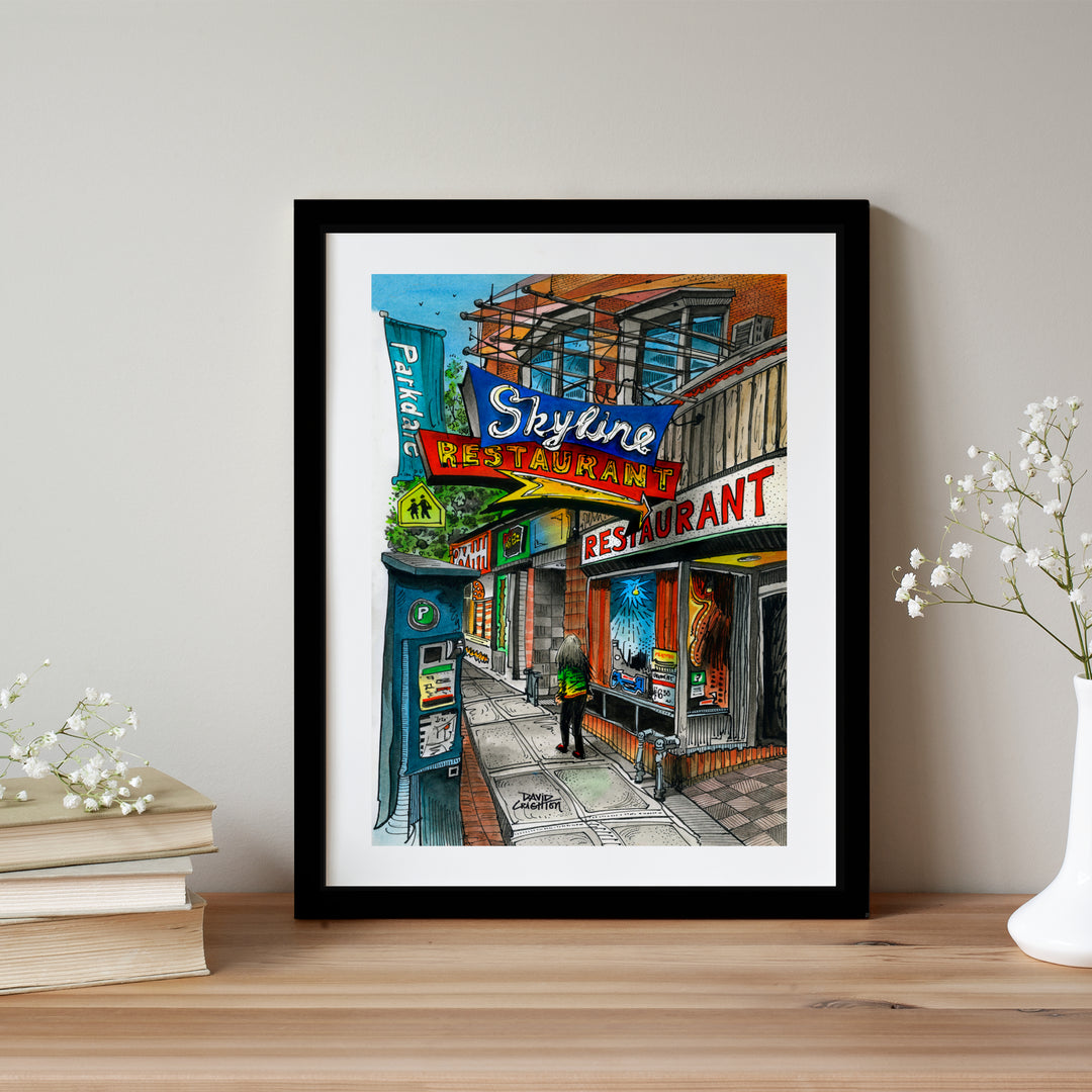 Skyline Restaurant Glass framed Poster