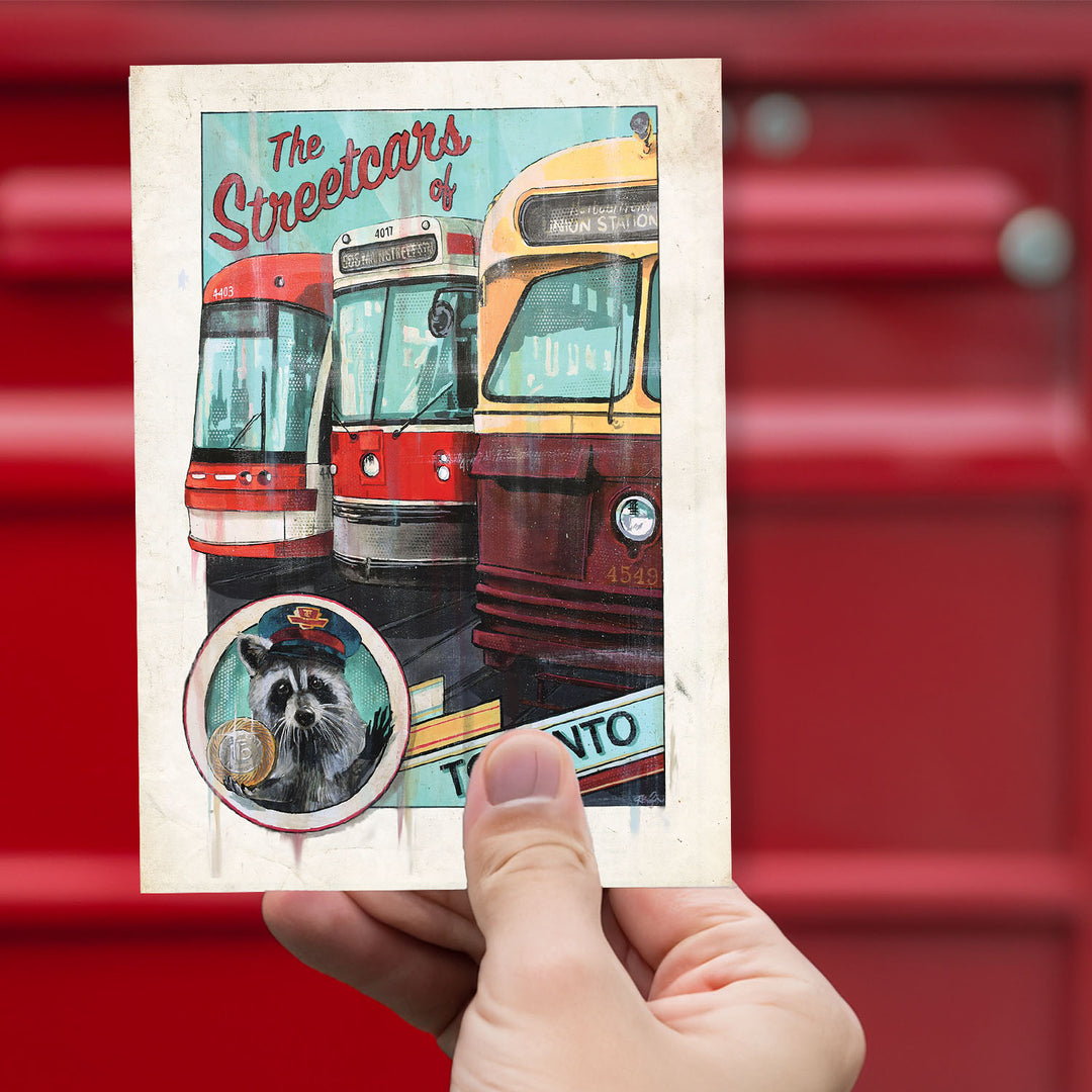 Toronto Streetcar Postcard and Racoon  getting ready for the mailbox