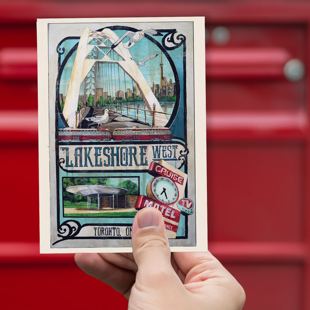 Lakeshore West Toronto Postcard by Rob Croxford held up against red mailbox