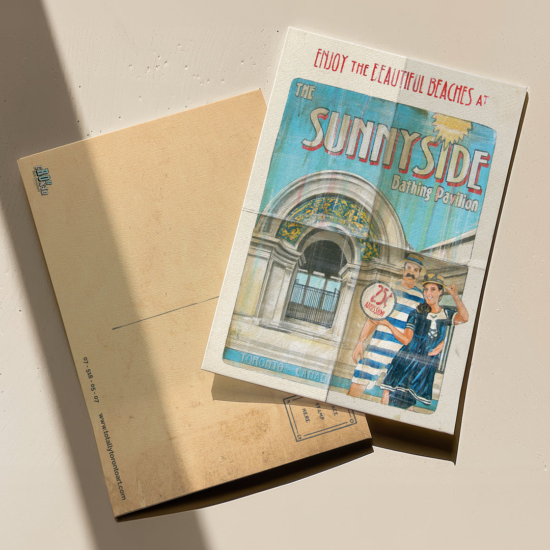 Sunnyside Bathing Pavilion #1 Toronto Postcard by Rob Croxford with front and back of postcard showing on a table