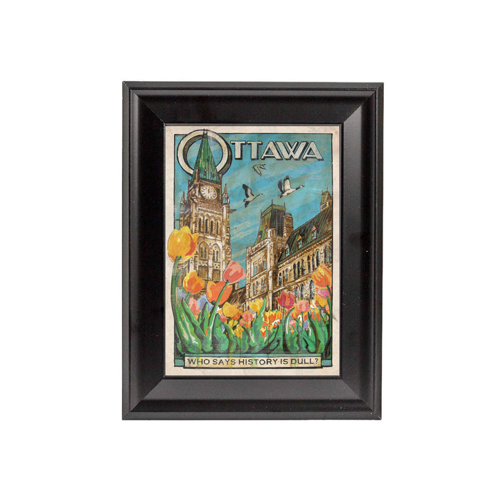 Framed artwork of Ottawa with a clock tower and flowers on a white background