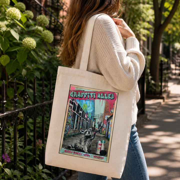 Woman walking on Toronto street with Graffiti Alley Toronto Tote Bag 