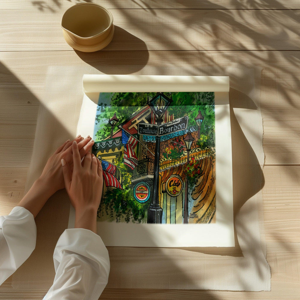 Beautiful illustration of New Orleans from Toronto Art Shop on a wooden desk, dappled in sunlight. 