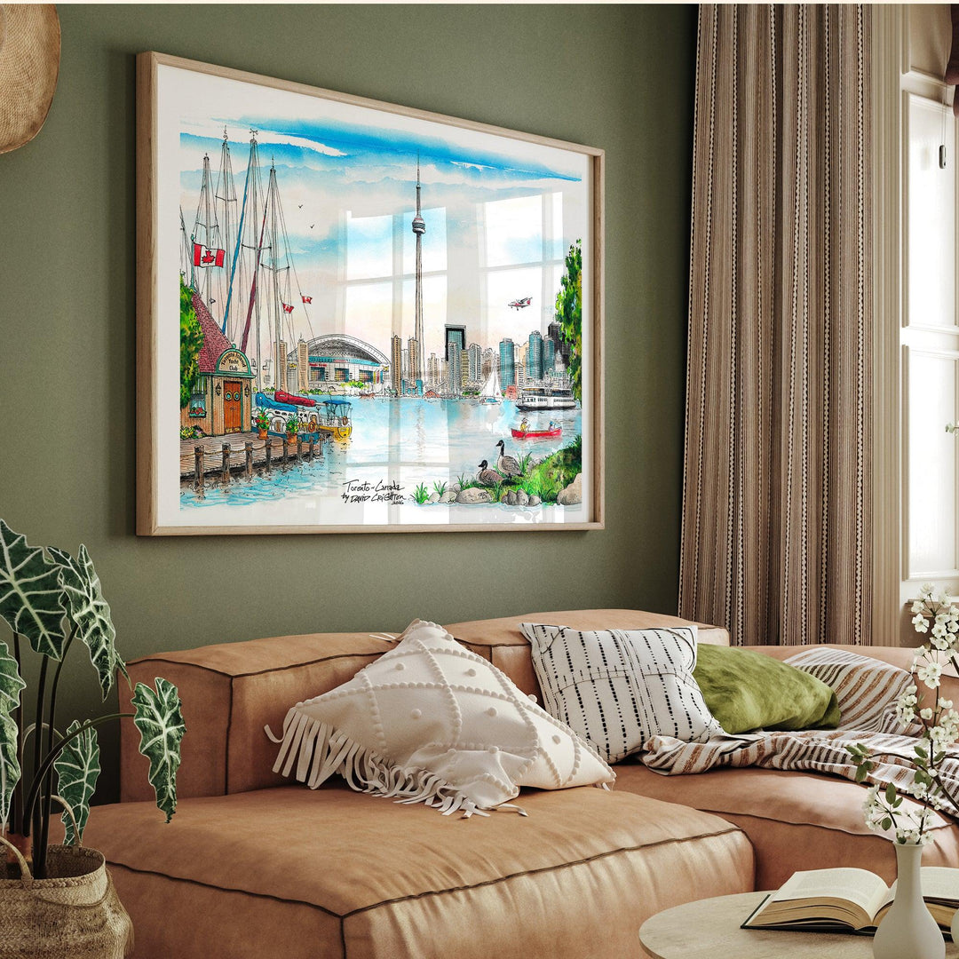 Toronto Skyline from the Island Framed Art work in living room with Camel Leather Couch and Green Wall.