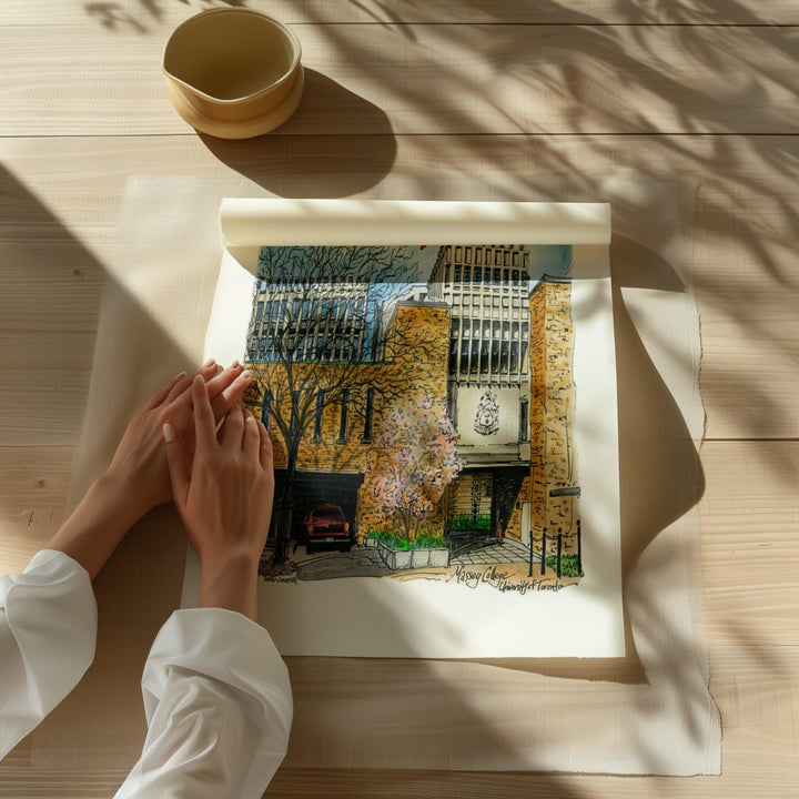 Beautiful illustration of UofT Massey College from Toronto Art Shop on a wooden desk, dappled in sunlight. 