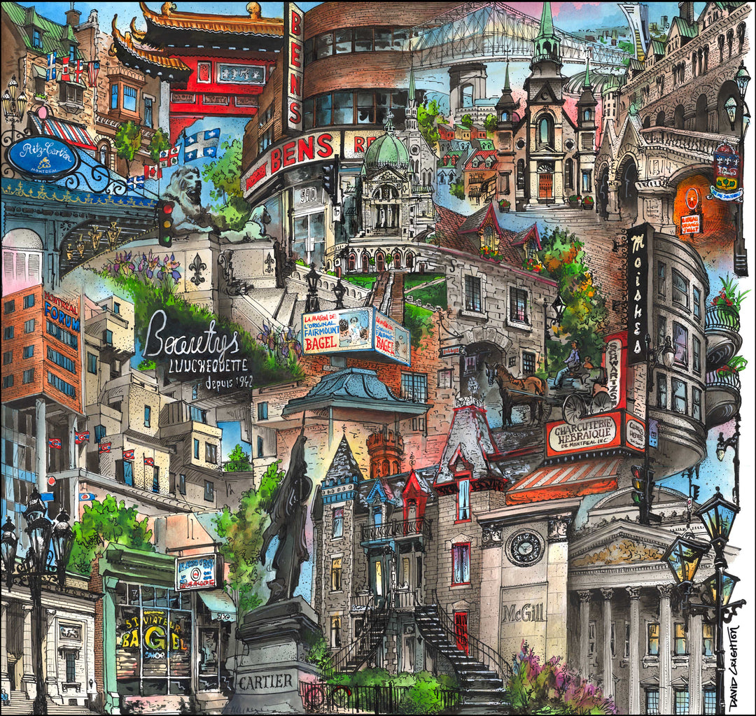 Mon Montreal Art Print, depicts well known landmarks throughout the French city in Canada