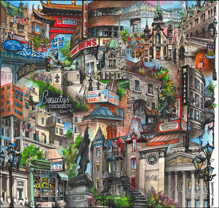 Mon Montreal Art Print, depicts well known landmarks throughout the French city in Canada