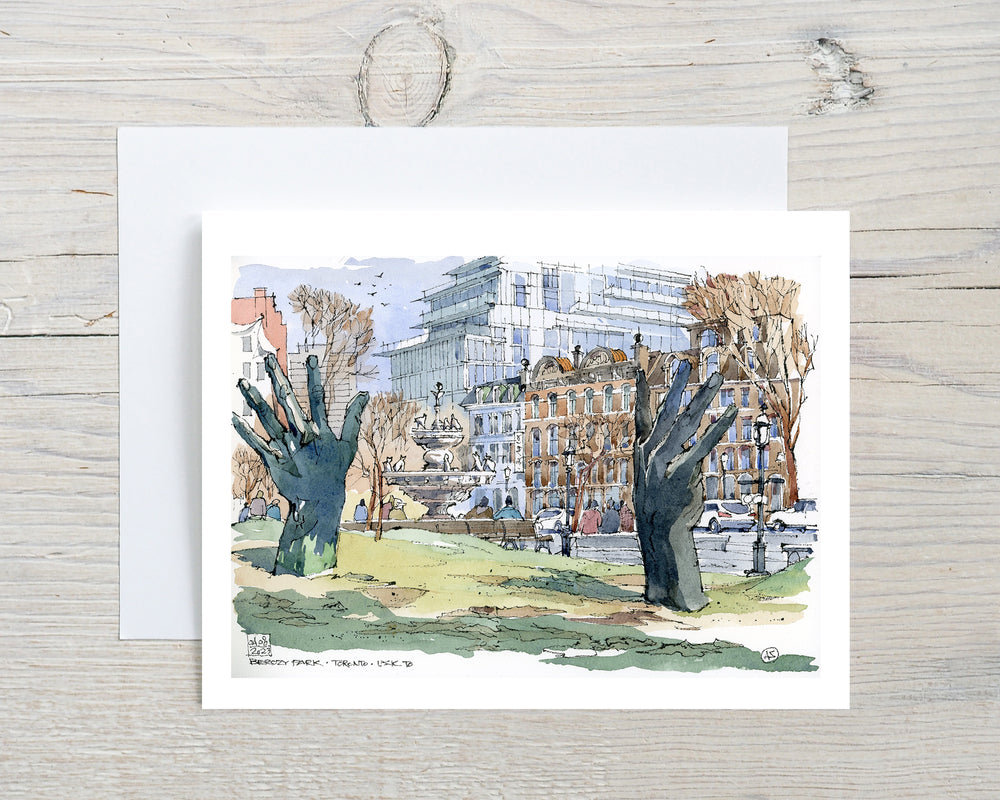 Hands Berczy Park  Greeting Card Grey Flatlay on a white wood Desk