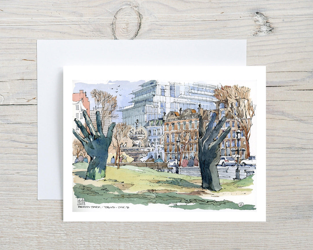 Hands Berczy Park  Greeting Card Grey Flatlay on a white wood Desk