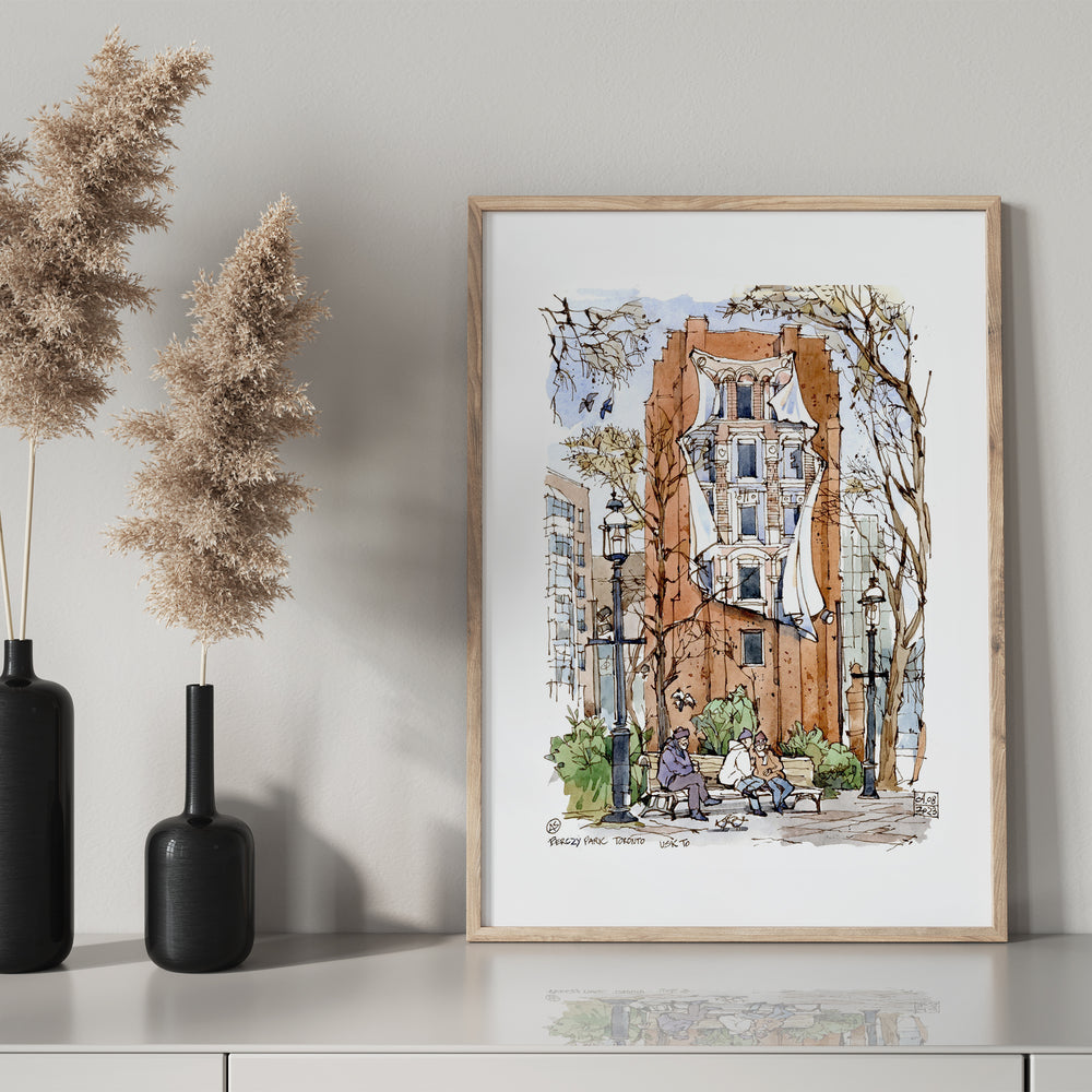 Iconic Flatiron Mural Toronto Poster in a glass Framed with a Black Mantel bottle 