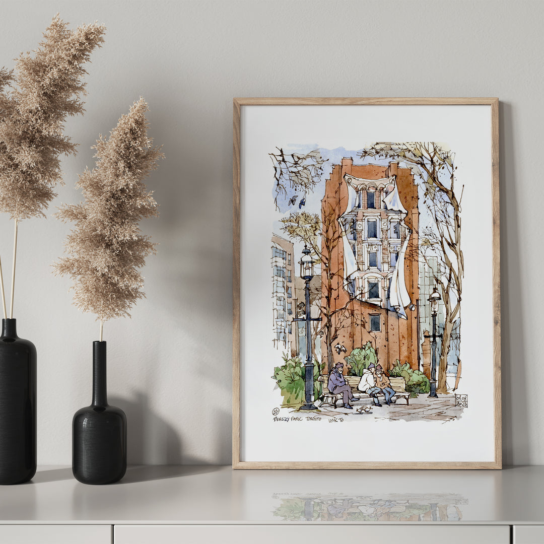 Iconic Flatiron Mural Toronto Poster in a Pine Framed with a Black Mantel bottle 