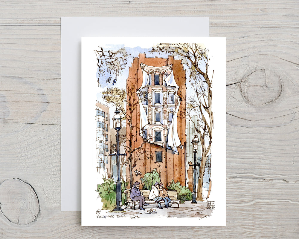 Iconic Flatiron Mural  Greeting Card Grey Flatlay on a white wood Desk