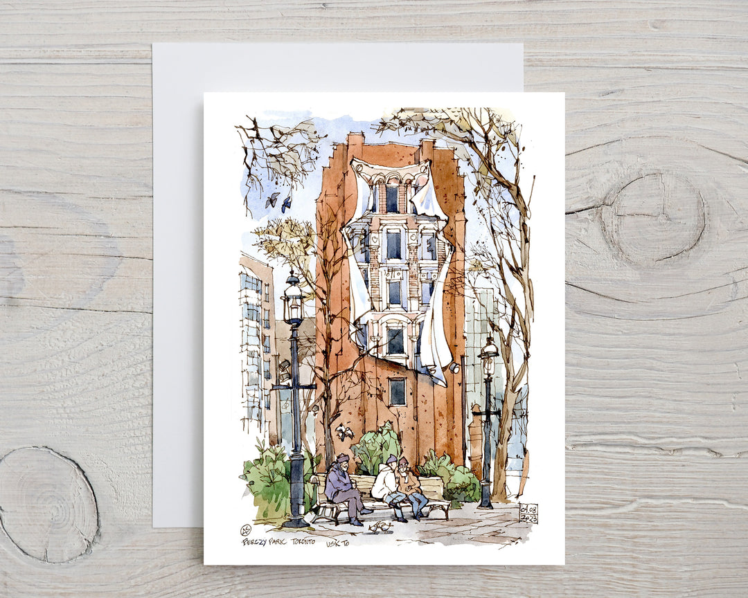 Iconic Flatiron Mural  Greeting Card Grey Flatlay on a white wood Desk