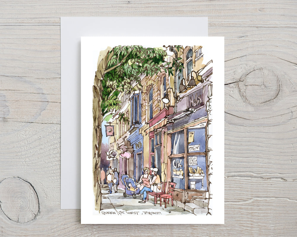 Queen Street Vibe  Greeting Card Grey Flatlay on a white wood Desk