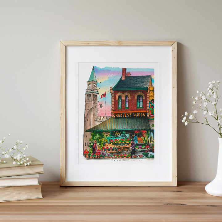How cute is this framed and colourful illustration of the Harvest Wagon Grocery Store in Toronto?