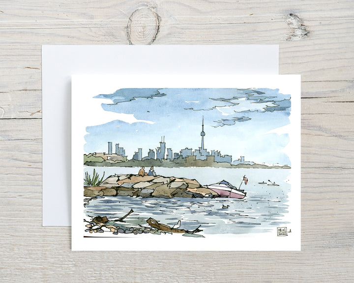 Toronto Skyline from the Island  Greeting Card Grey Flatlay on a white wood Desk