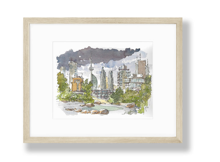 Stormy Toronto Skyline Poster Landscape in a pine frame