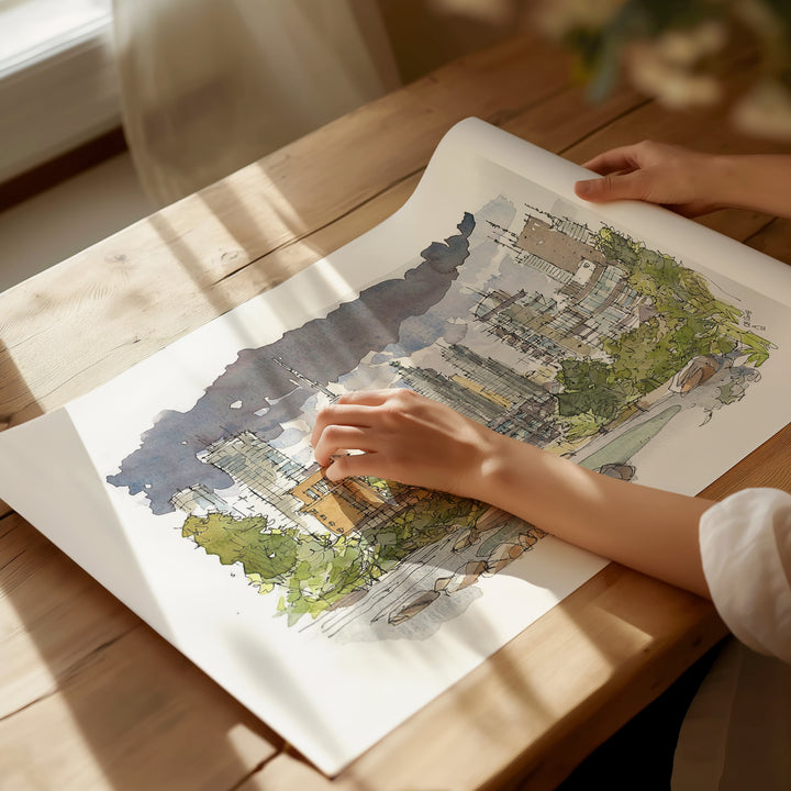 Stormy Toronto Skyline Toronto Poster being unrolled on sunlight dappled desk