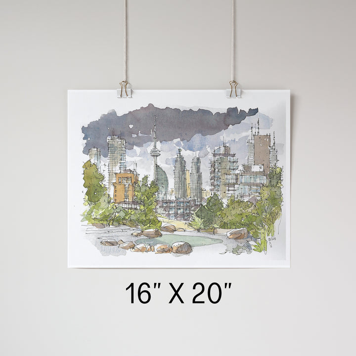 Stormy Toronto Skyline Poster landscape hung up by clips 16X20''