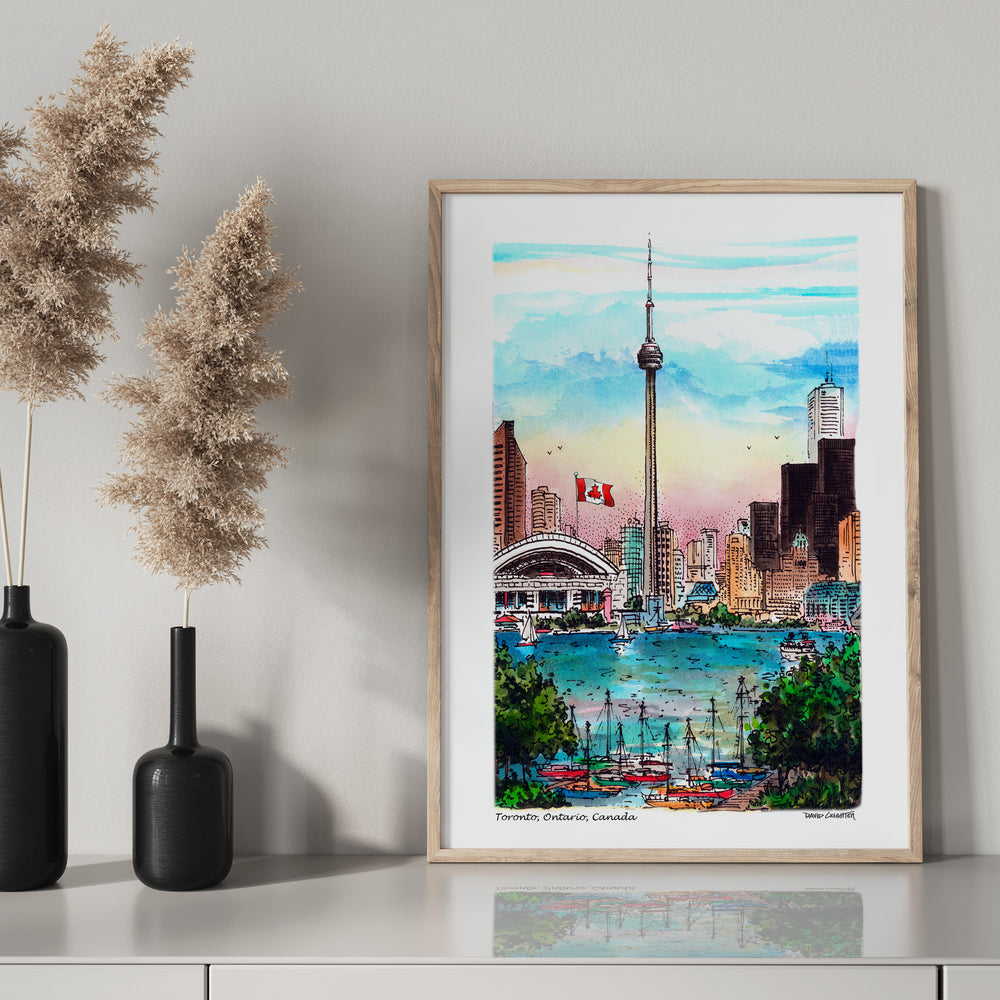 CN Tower Poster in a glass frame with black mantle bottle