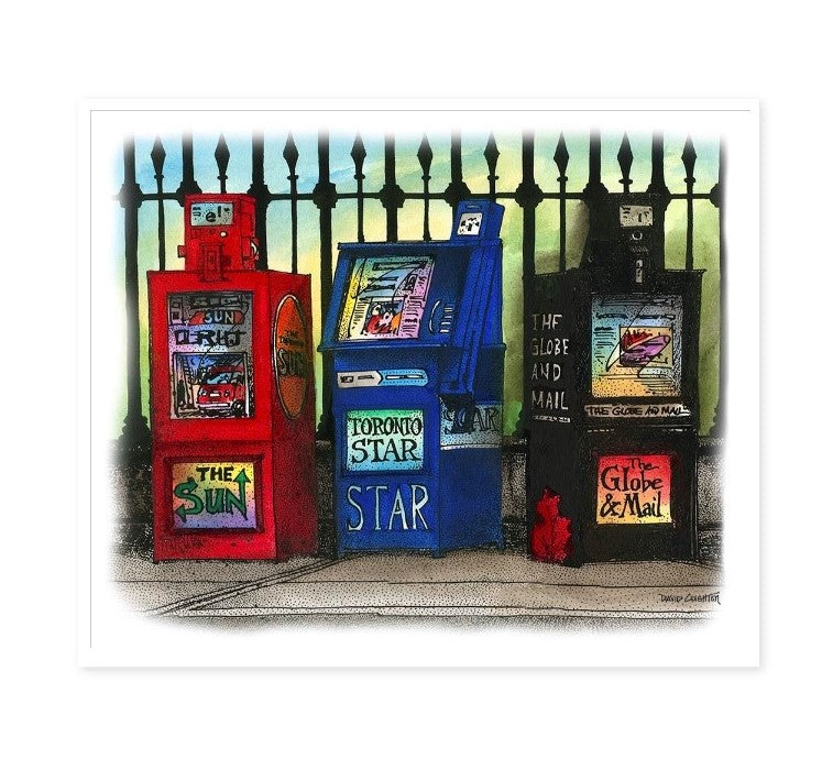Newsbox Trio Toronto Art Print featuring newspapers boxes from the past
