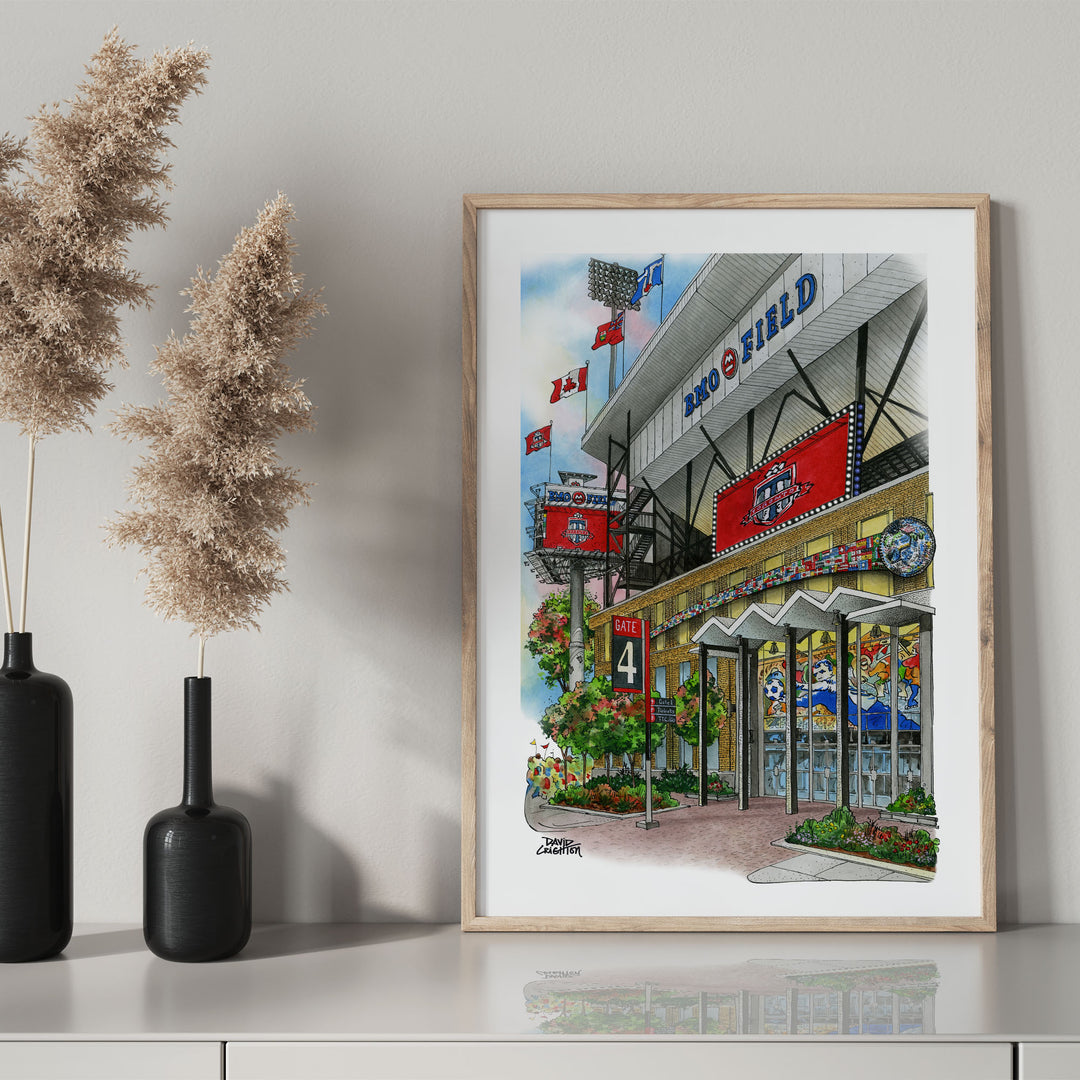 BMO Field Poster in a glass frame with Mantel Black Bottle