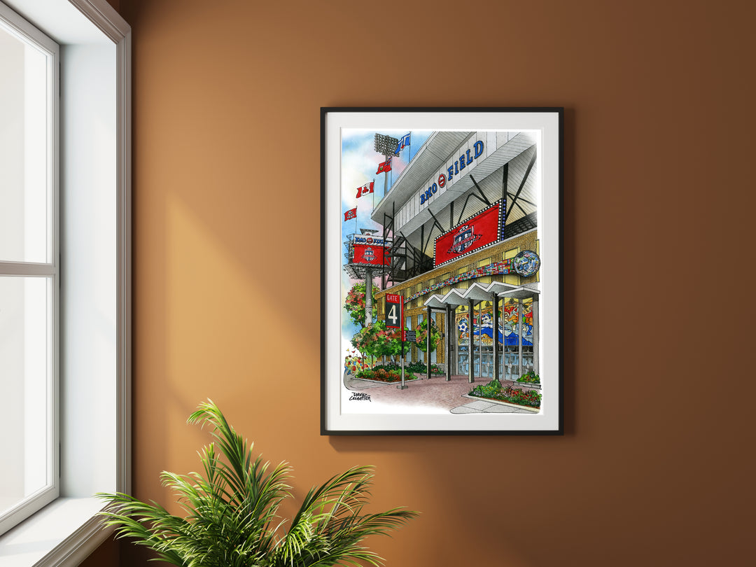 BMO Field framed  against ochre wall. 