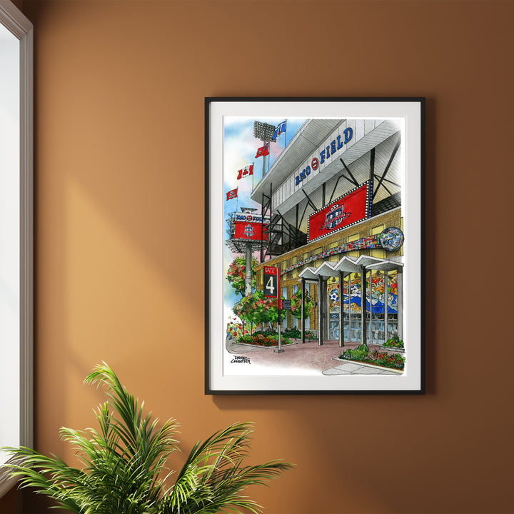 BMO Field framed  against ochre wall. 