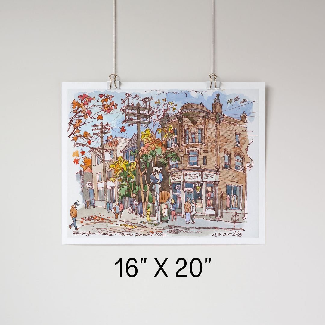 Kensington Market Toronto Poster being hung up by clips 16x20