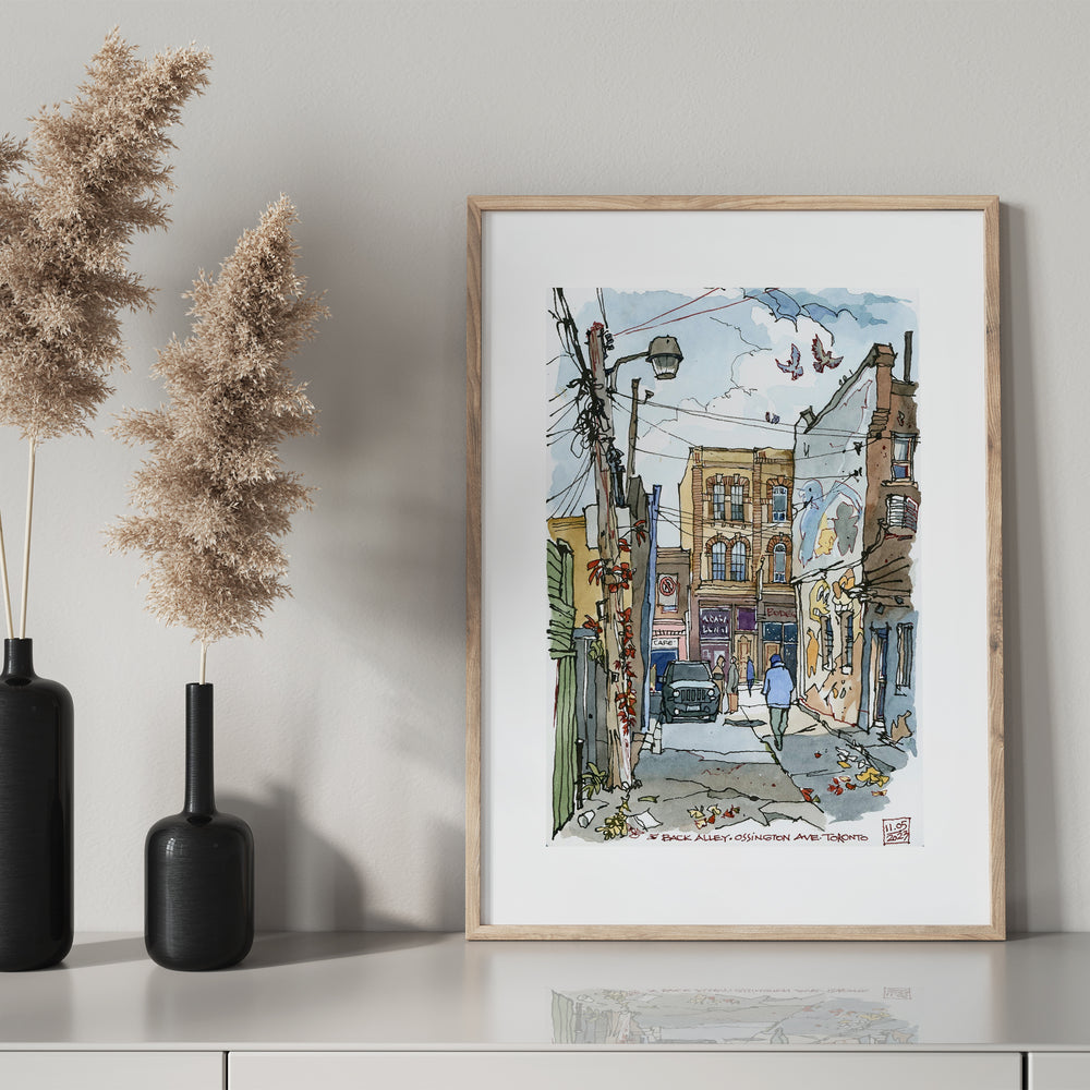 Ossington Back Alley Toronto Poster in a glass  frame with a black mantel bottle