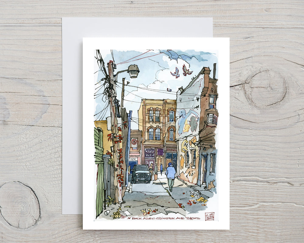 Ossington Back Alley  Greeting Card Grey Flatlay on a white wood Desk