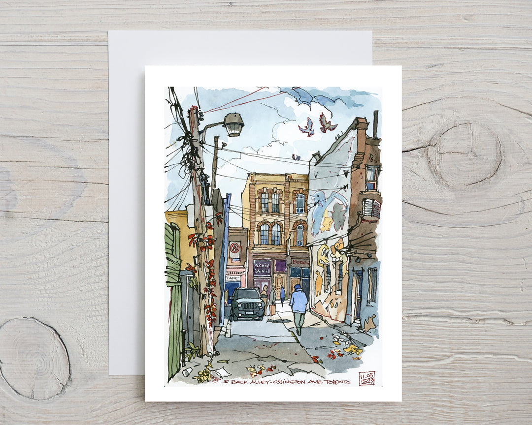 Ossington Back Alley  Greeting Card Grey Flatlay on a white wood Desk