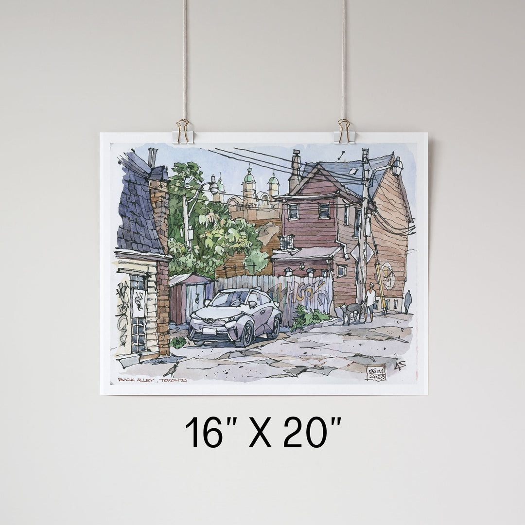 Laneways of Toronto Poster being hung up by clips 16X20''